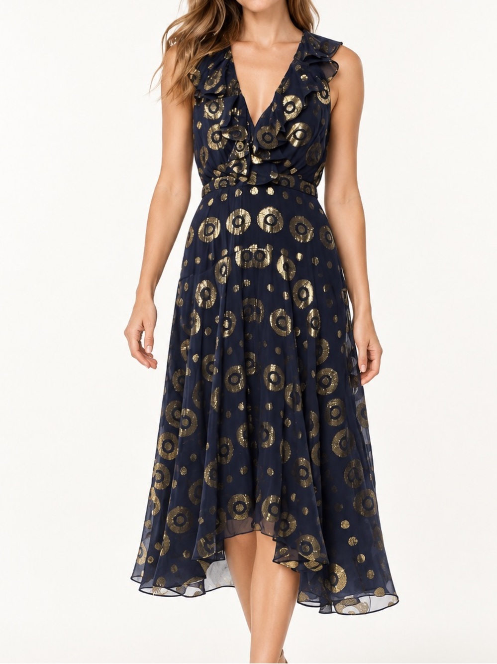 SALONI Navy Gold Metallic Medallion Silk Lurex Ruffle Midi Dress Sz 6 NWT
